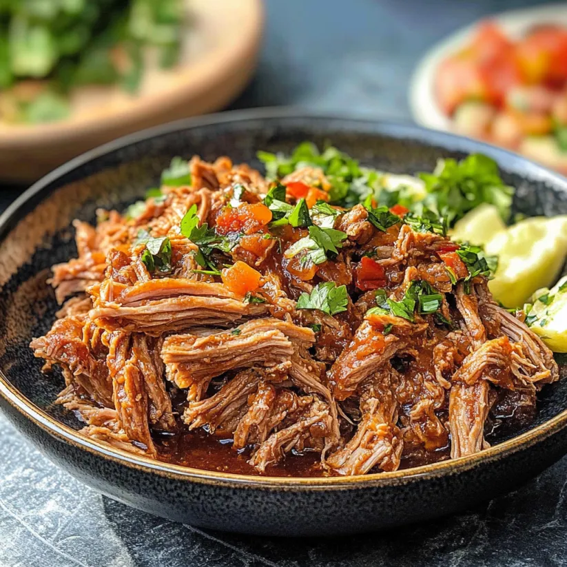 Ein Schüssel mit Pulled Pork, garniert mit Tomaten, Paprika und Zwiebeln.