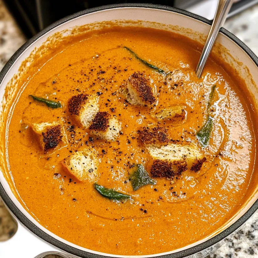 Ein Topf mit einer roten Suppe, die mit Toastbrot und Zwiebeln garniert ist.