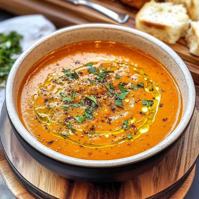 Ein Topf mit einer roten Suppe, die mit Zwiebeln und Oliven zubereitet wurde.
