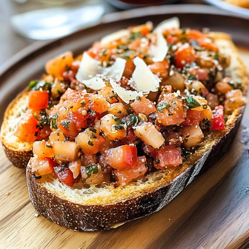 Eine Bruschetta mit Tomaten, Basilikum und Parmesan auf einem Holzbrett.