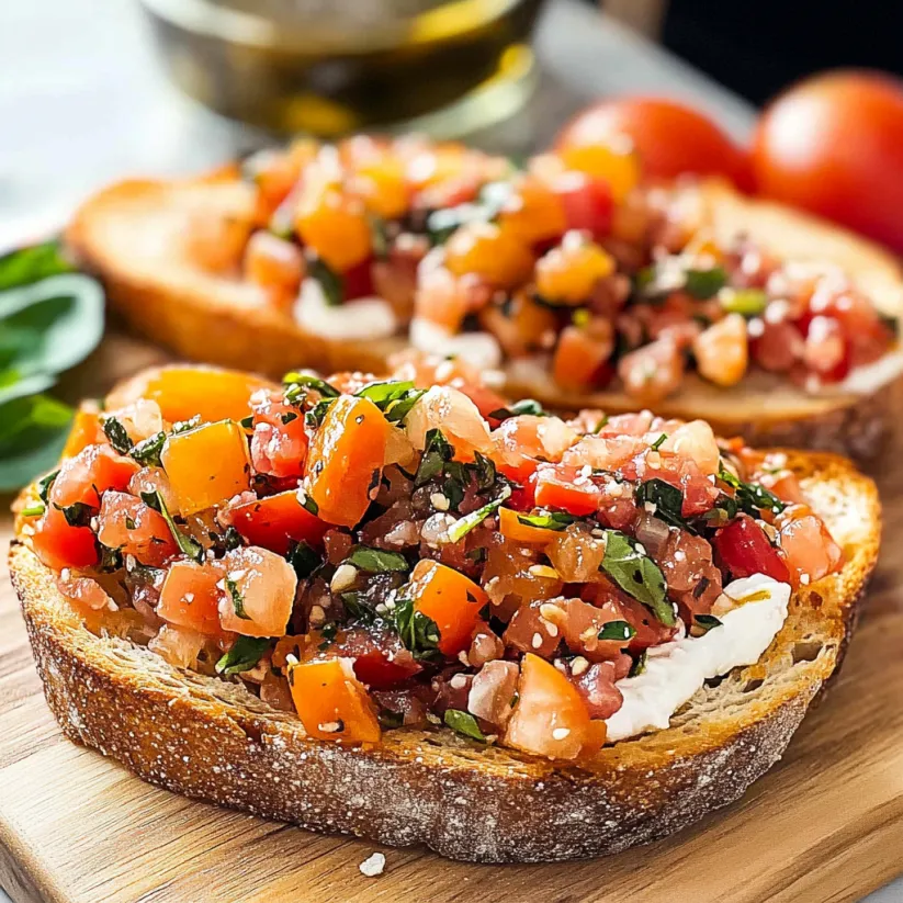 Ein Bruschetta mit Tomaten, Basilikum und Mozzarella auf einem Holzbrett.
