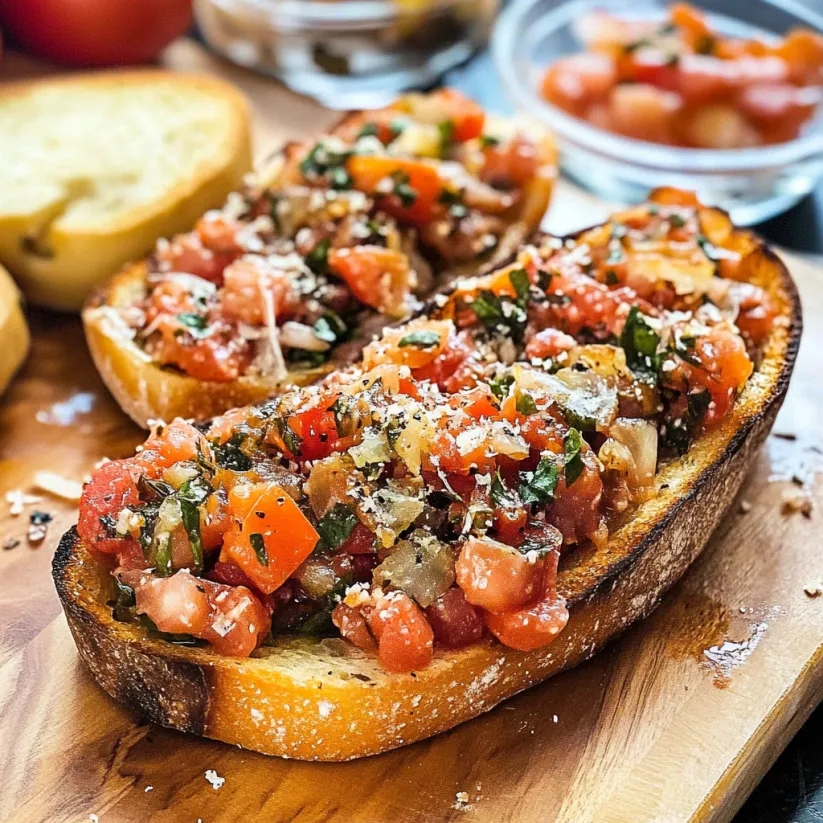 Ein Bruschetta-Rezept mit Tomaten, Basilikum und Parmesan-Käse auf einem Holzblock.