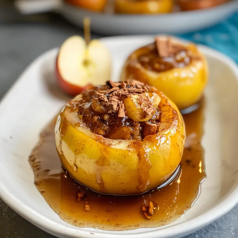Ein weißer Teller mit drei bakten und gefüllten Apfelessen, die mit Cinnamon Honey Sauce garniert sind.
