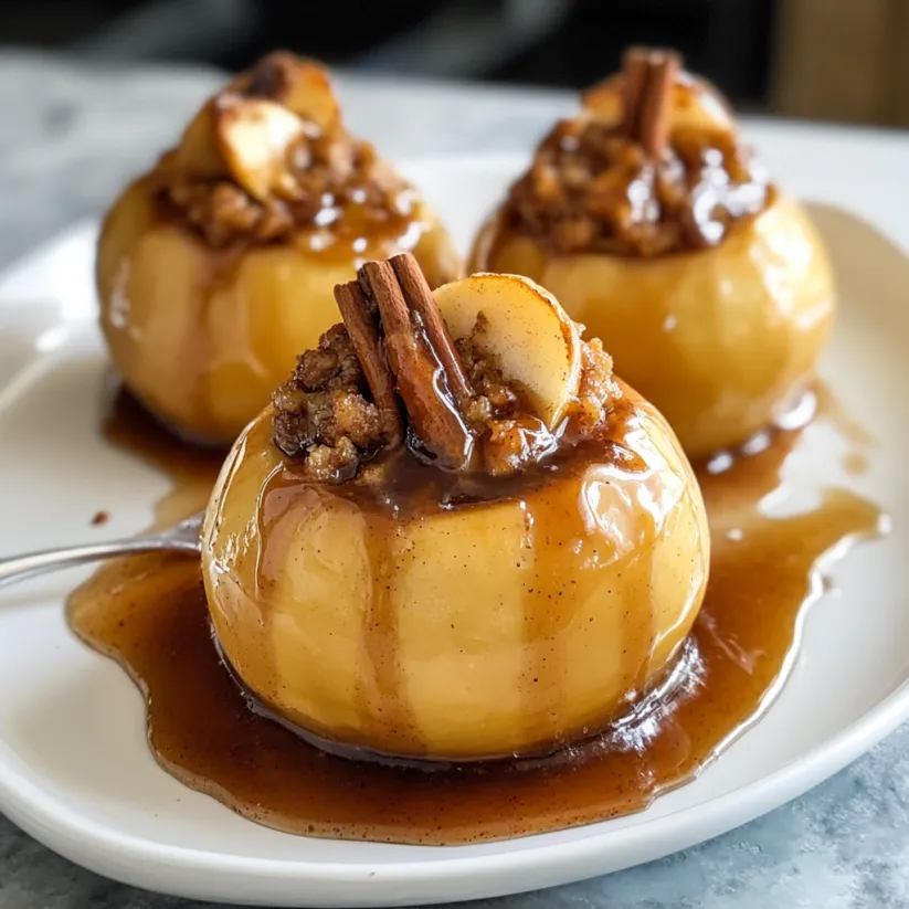 Three baked apples with cinnamon honey sauce on a plate.