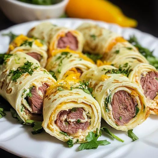 Ein Teller mit bunten Rindfleisch-Tortilla-Röllchen, einfach und lecker.