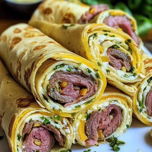 Ein Teller mit bunten Rindfleisch-Tortilla-Röllchen, einfach und lecker.