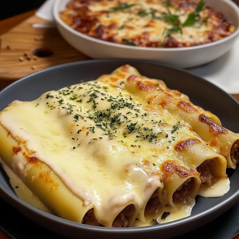 Teller mit Cannelloni und eine Schale Soße daneben.