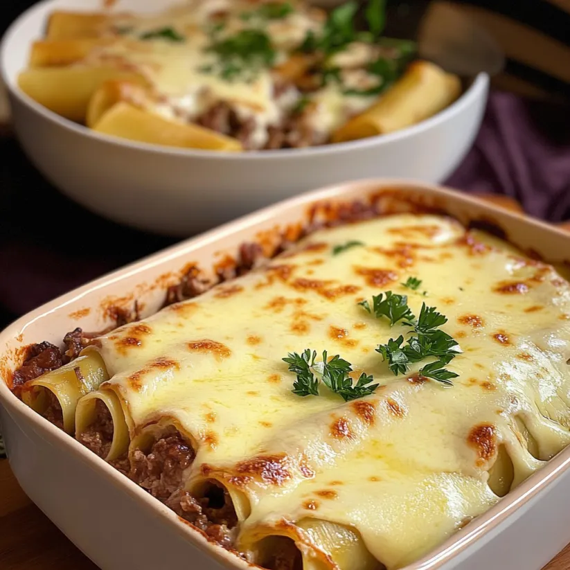 Eine Portion Cannelloni mit Rindfleisch und Mozzarella.