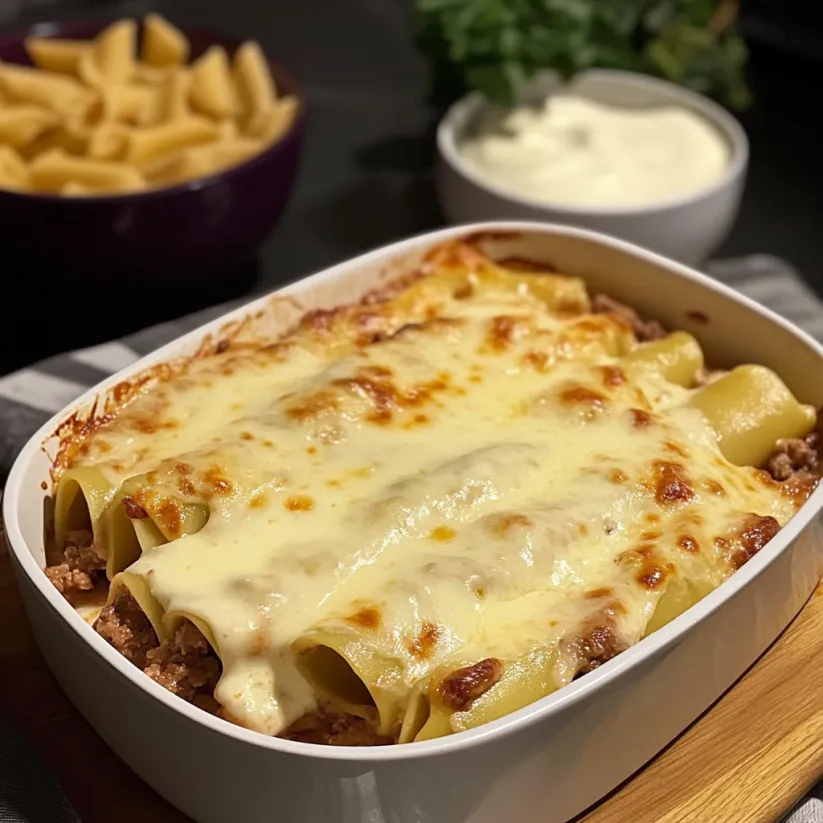 Cannelloni mit Rindfleisch und cremiger Mozzarella-Sauce gebacken.