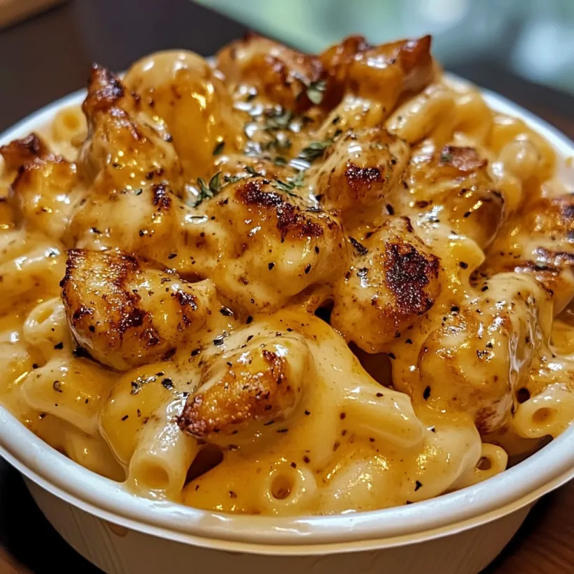 Eine Schale cremiger Honig-Pepper Mac mit Hähnchen.