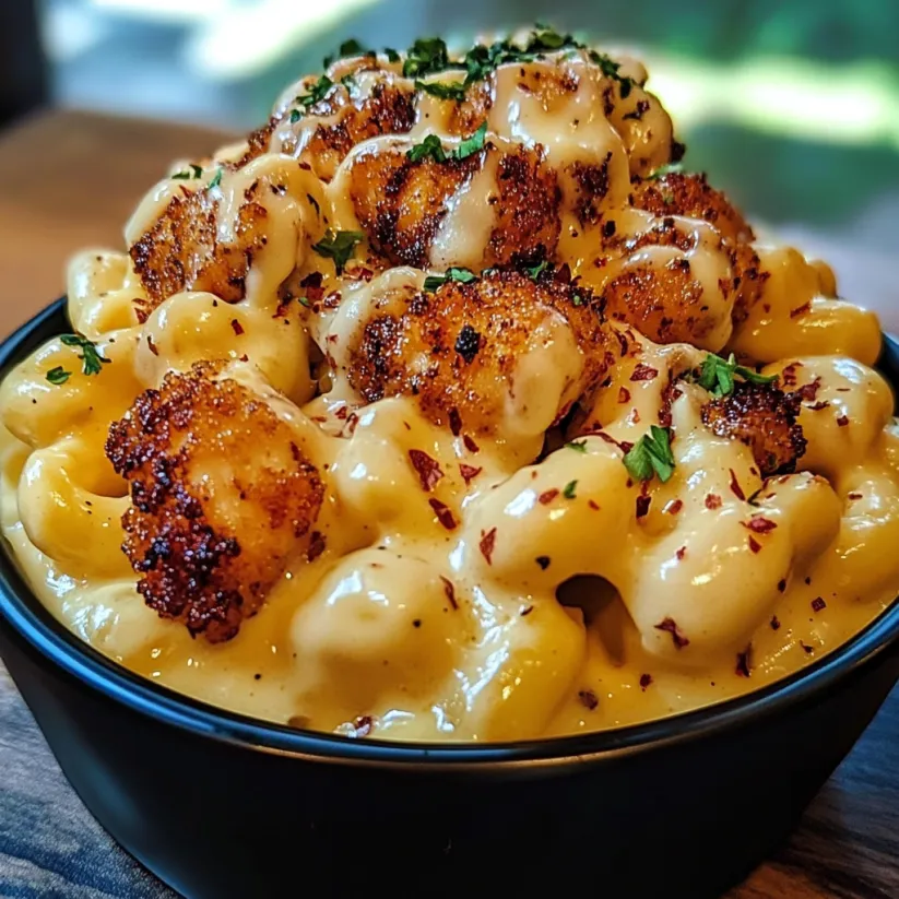 Eine Schüssel voll cremigem Honig-Pfeffer-Hähnchen Mac and Cheese.