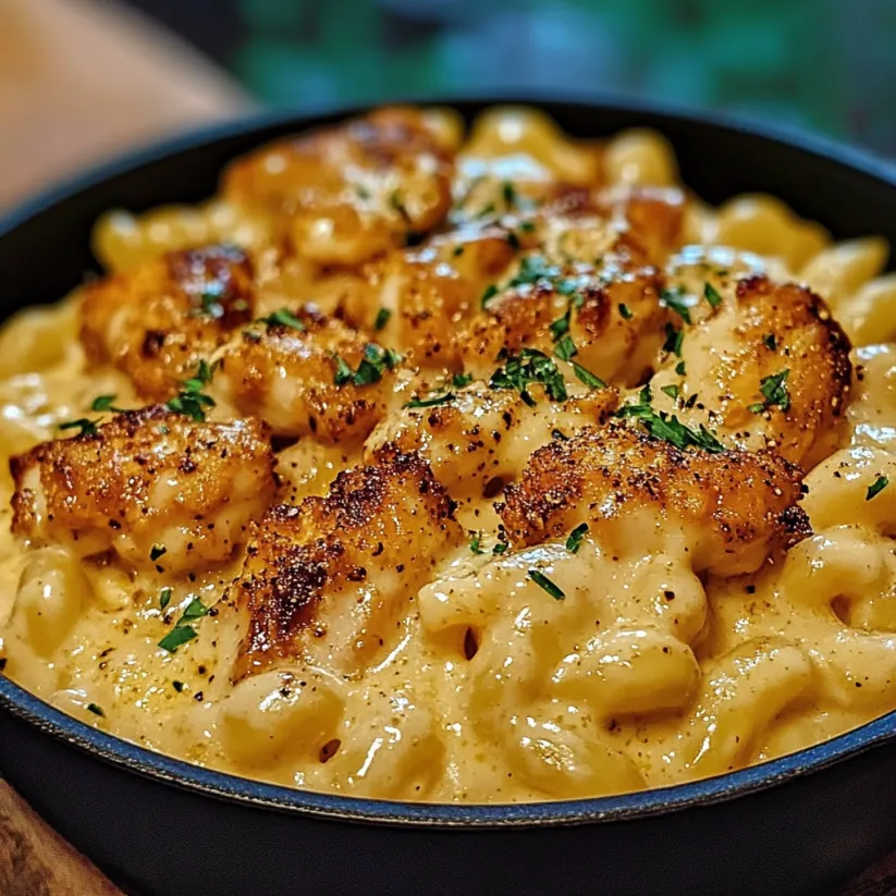 Eine leckere Portion cremiges Honig-Pfeffer-Hähnchen-Mac and Cheese.