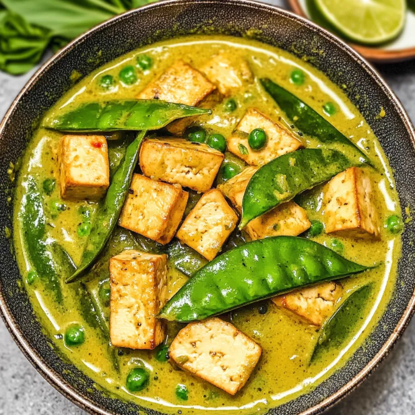 Eine Schale mit grünem Thai Curry Tofu.