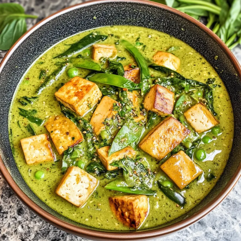 Eine Schüssel mit grünem Curry und Tofu im Thai-Style.