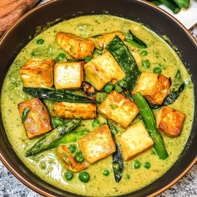Eine Schüssel mit grünem Curry und Tofu im Thai-Style.