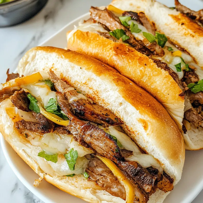 Zwei belegte Sandwiches mit Fleisch und Käse auf einem Teller.