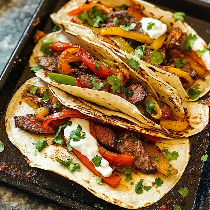 Ein Blech voller Steak Fajitas mit Paprika und Zwiebeln.