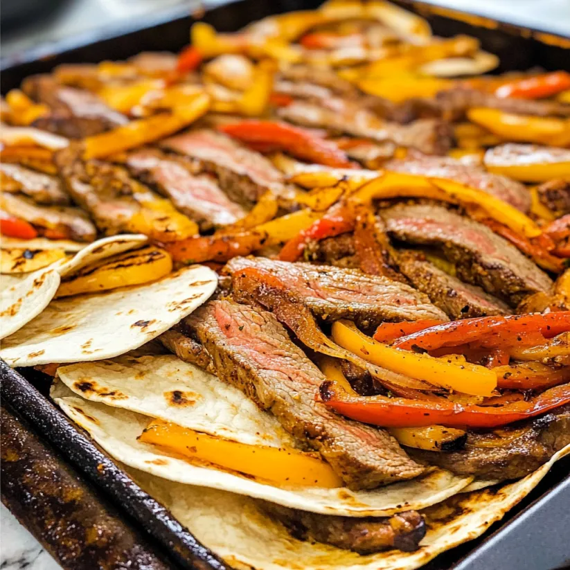 Ein Blech mit Steakfajitas zusammen mit Paprika und Zwiebeln.