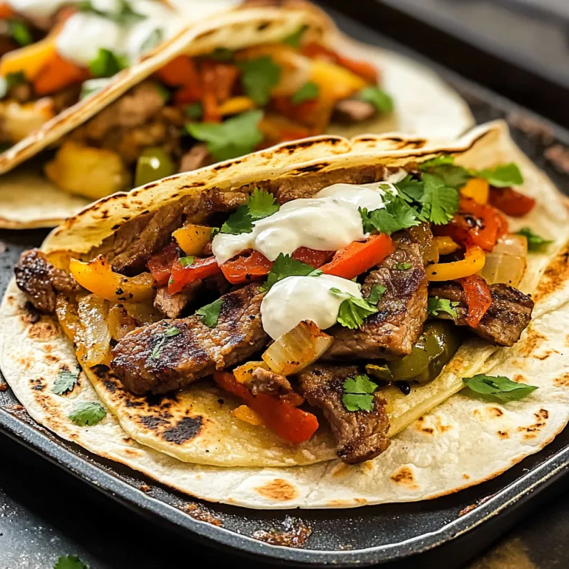 Ein lecker angerichtetes Steakfajita-Gericht auf einem schwarzen Tablett.