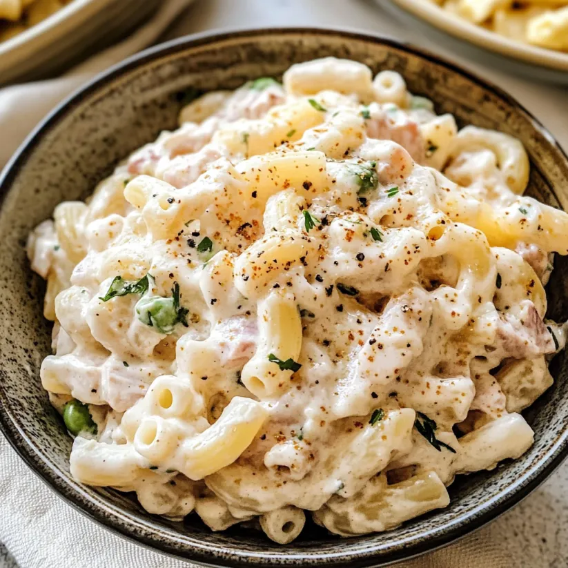 Eine Schüssel Thunfisch-Nudelsalat.