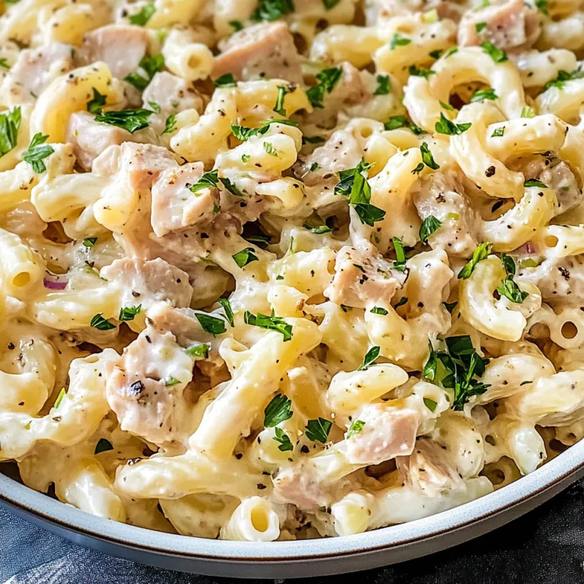 Nahaufnahme von Thunfisch-Nudelsalat.