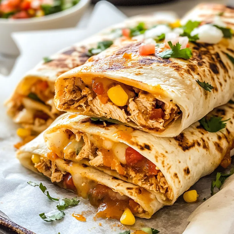 Hähnchen-Burritos auf weißem Teller.