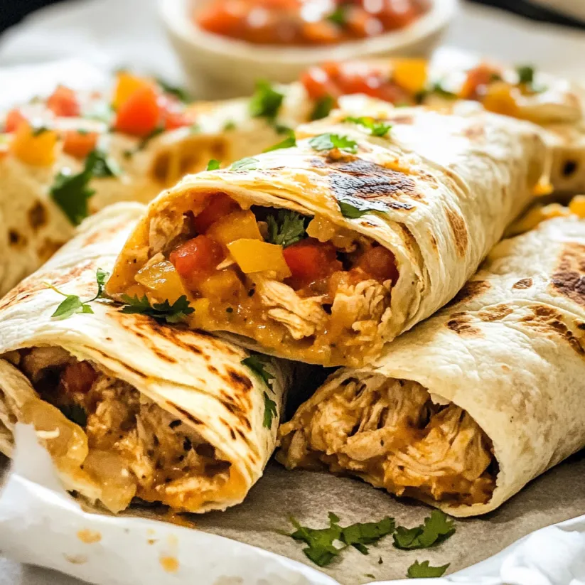 Hähnchen-Burritos mit Tomaten und Soße.