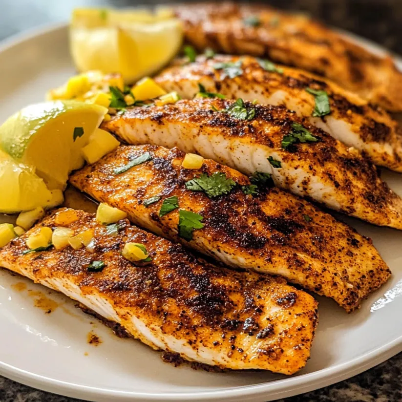 Knuspriger, gewürzter Fisch auf weißem Teller.