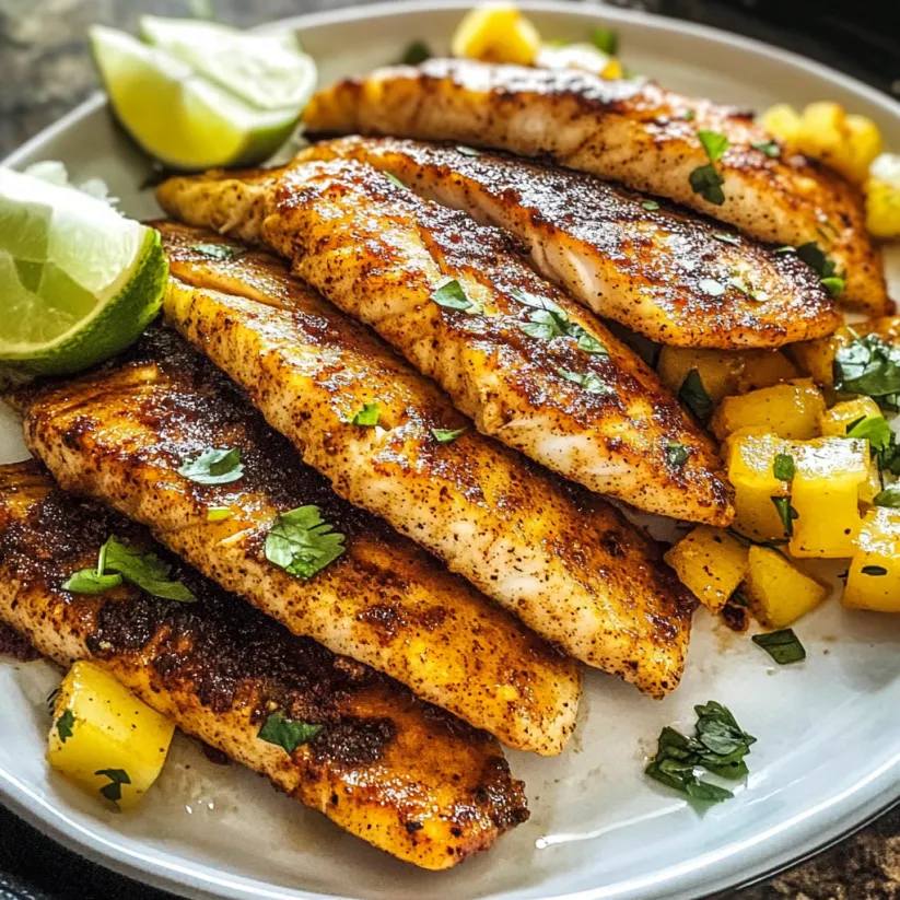 Ein Teller Blackened Fisch mit Limettenstücken und Ananas.