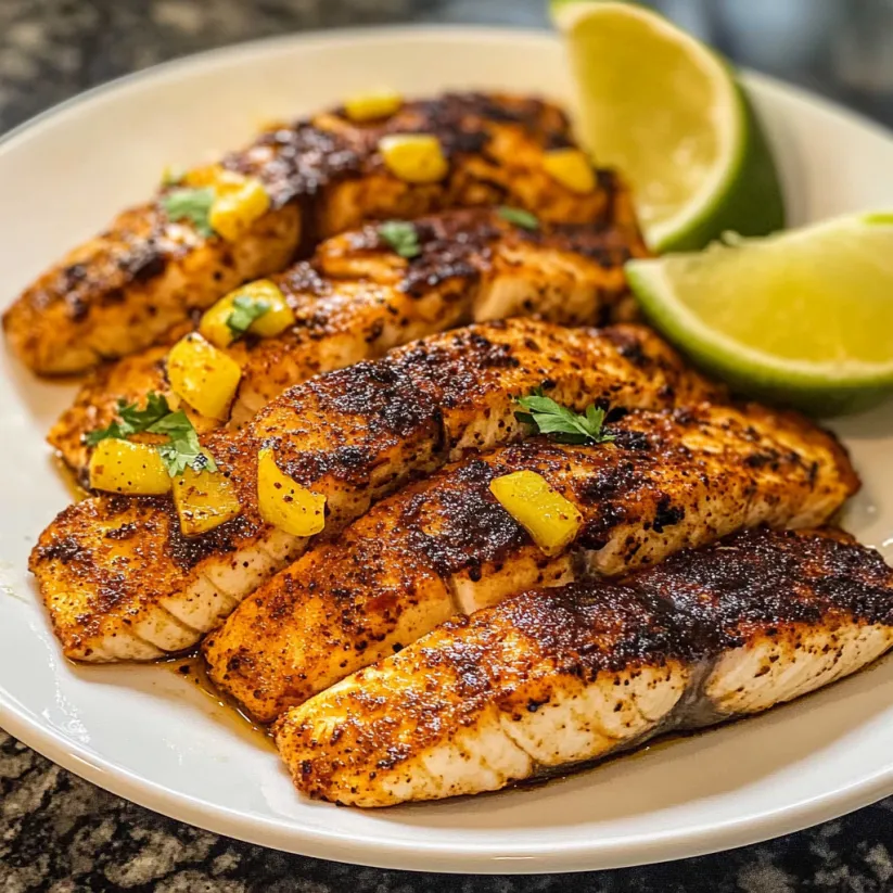 Ein Teller Blackened Fisch, Limetten an der Seite.