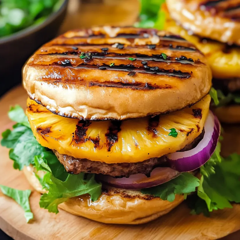 Zwei gegrillte Teriyaki-Burger mit Ananas.