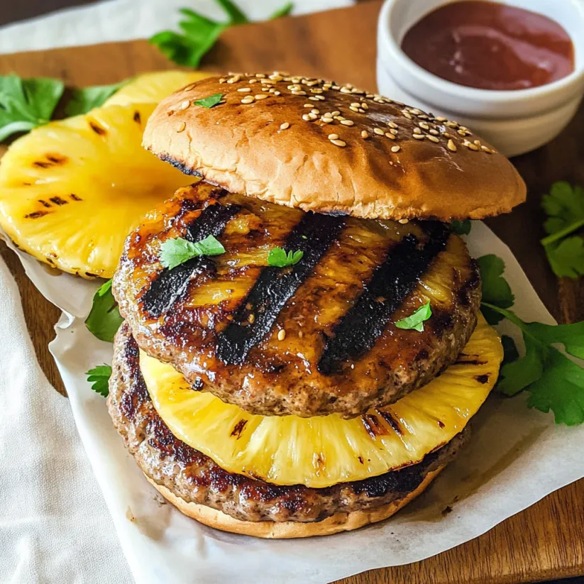 Zwei Burger mit gegrillter Ananas obendrauf.