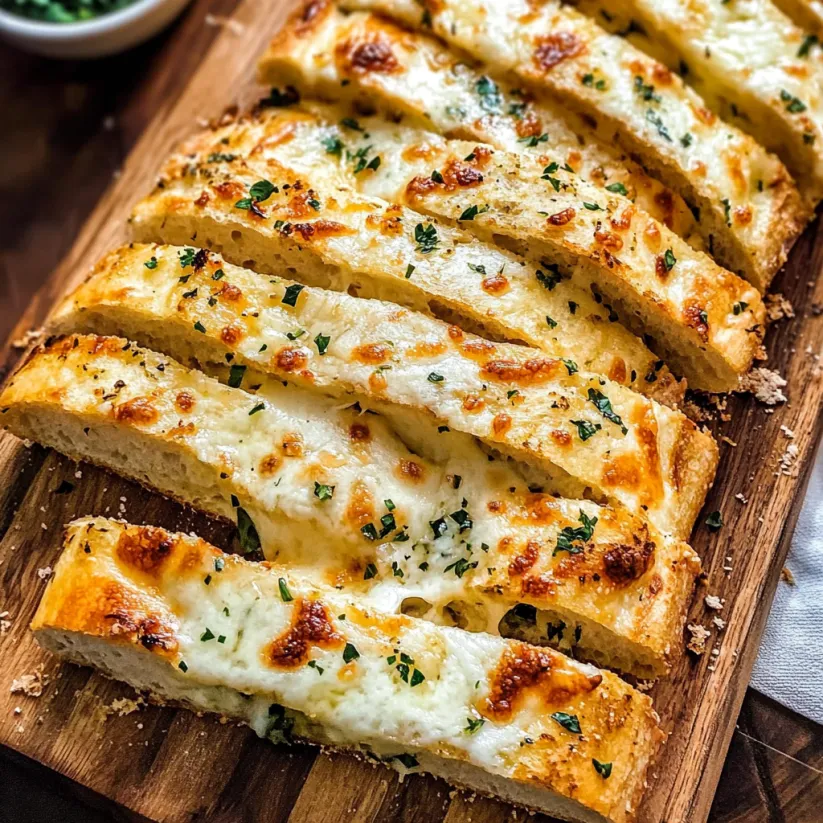 Knusprige Scheiben Knoblauchbrot liegen auf einem Holzbrett.