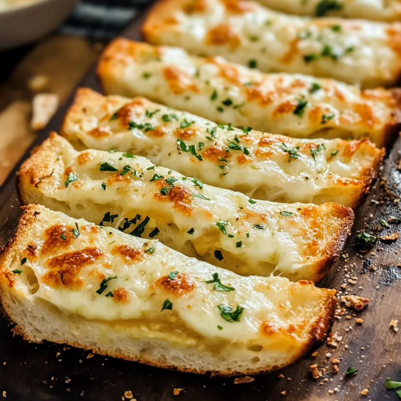 Eine Scheibe Knoblauchbrot auf dem Holzbrett.
