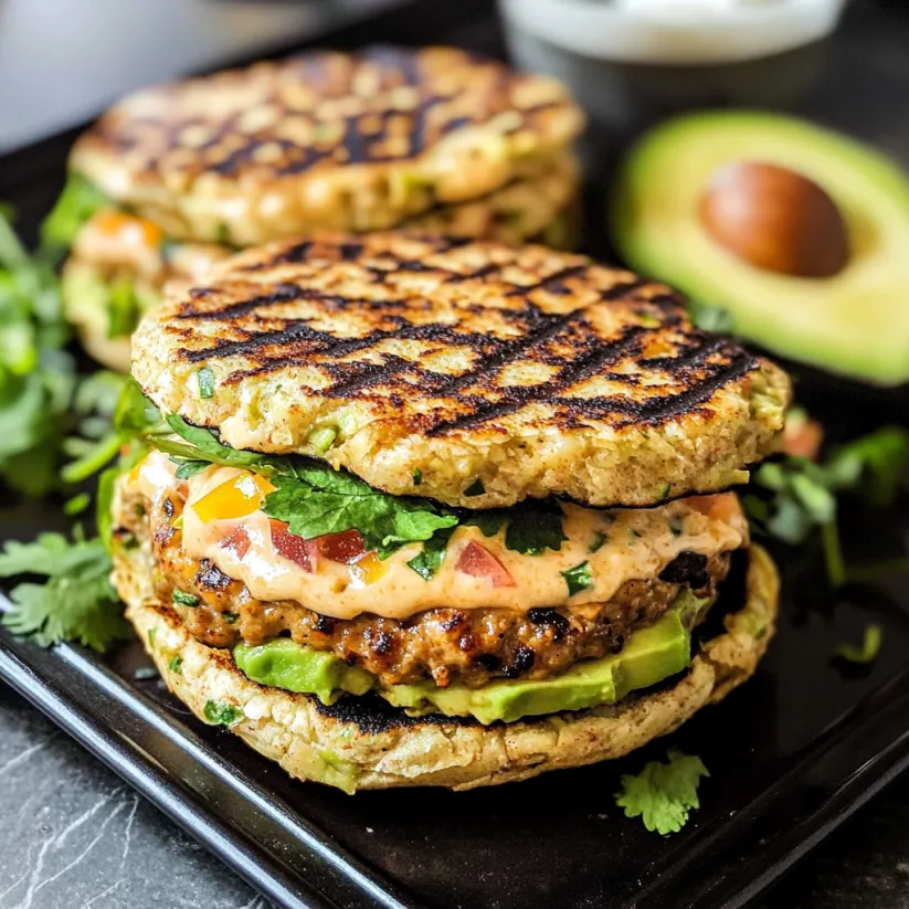 Zwei Burger mit Avocado und Chipotle-Joghurt-Sauce.