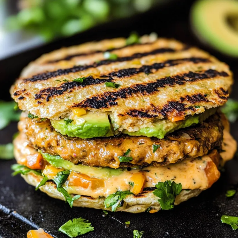 Ein Burger mit Avocado und Chipotle-Joghurtsoße.