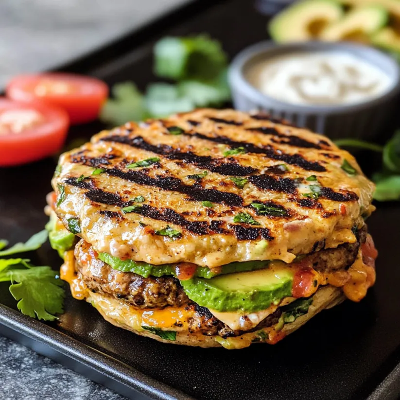 Ein Burger mit Avocado und Chipotle-Joghurtsoße.
