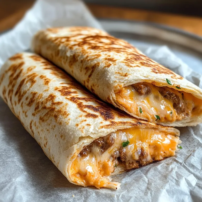 Ein Burrito mit geschmolzenem Käse und Fleisch oben drauf.
