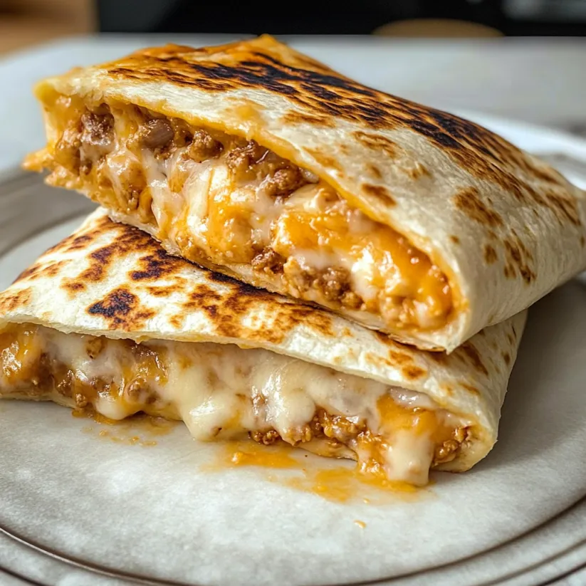 Ein Burrito mit Käse und Fleisch darauf.