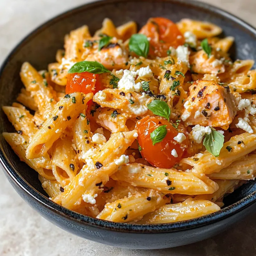 Ein Teller Pasta mit Tomaten und Feta Käse.
