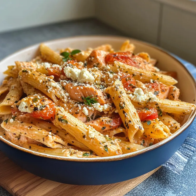 Eine Pastaschale mit Lachs und Feta.