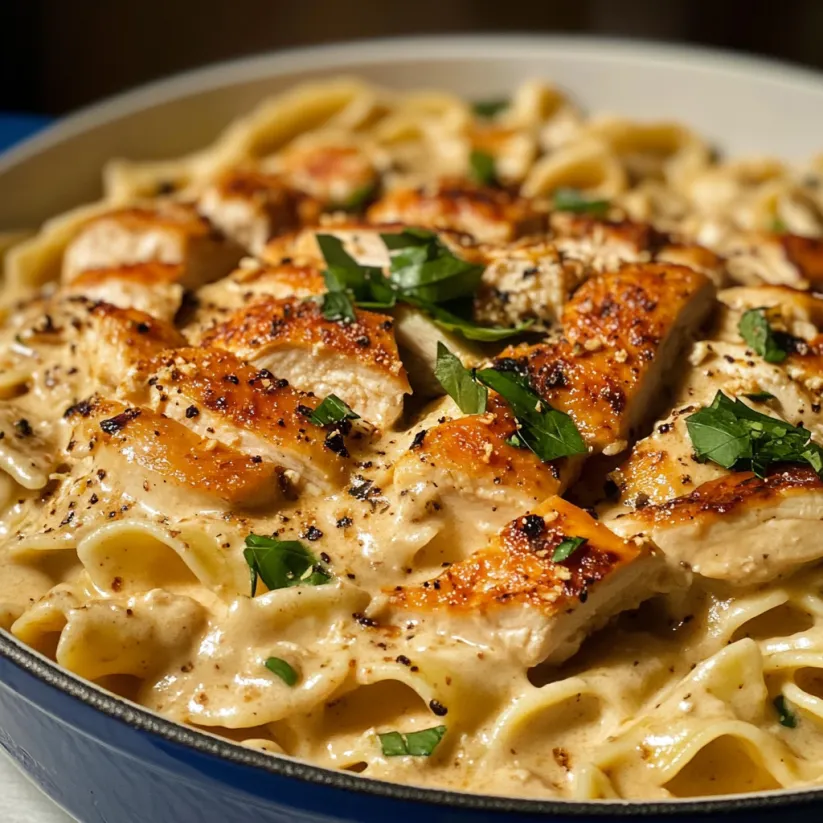 Eine Schale voll Pasta mit Hähnchen.