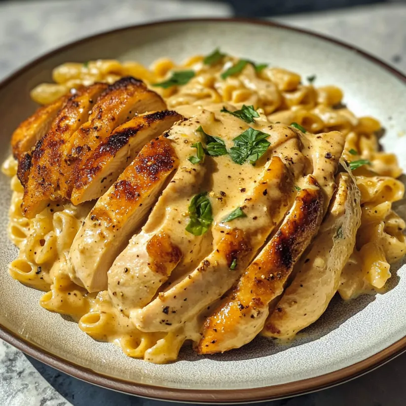 Ein Teller mit Hähnchen und Pasta drauf.