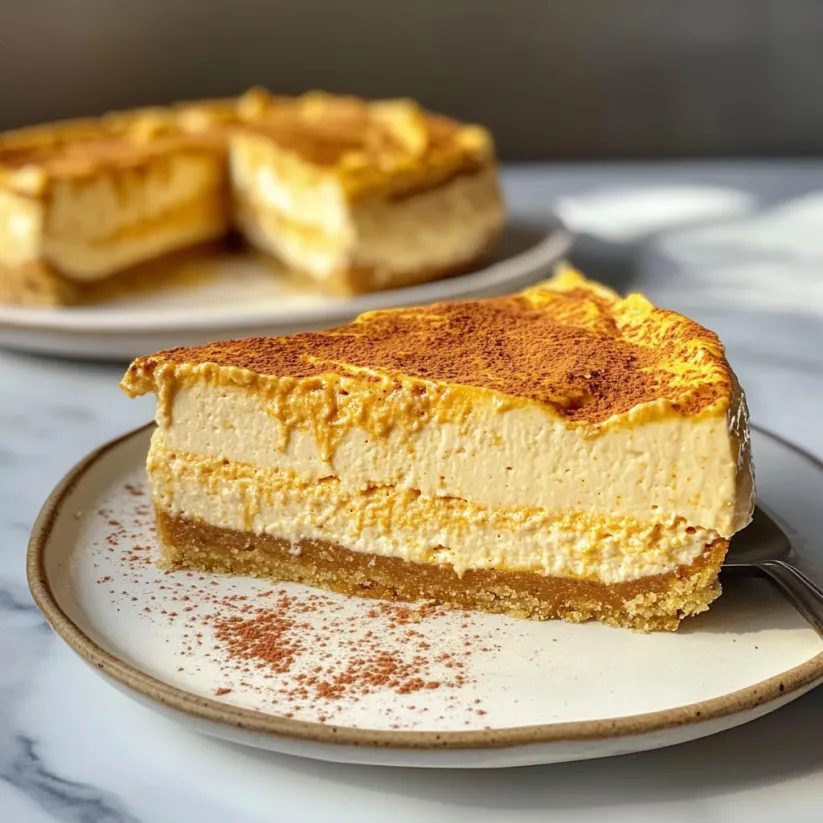 Ein Stück Kürbis-Käsekuchen auf einem Teller.