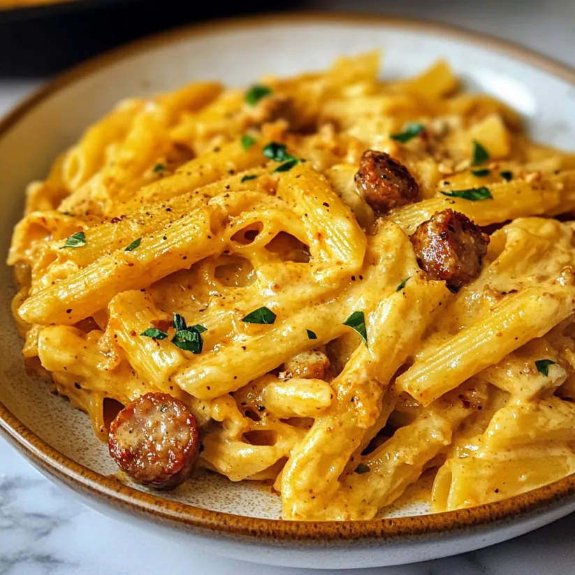 Eine Schüssel Wurst Sahnepasta.