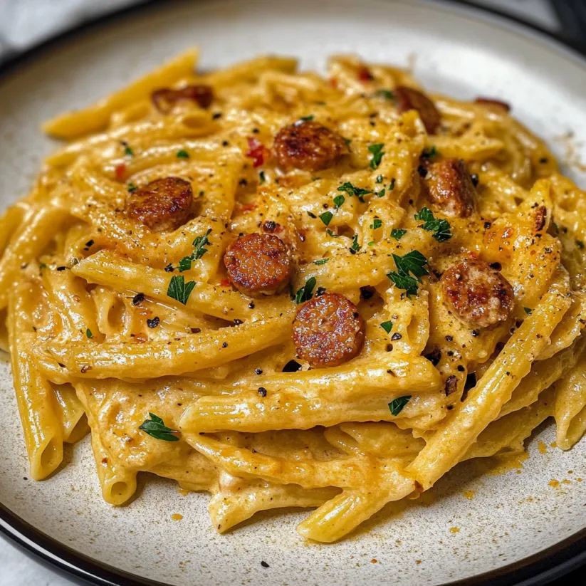 Ein Teller Pasta mit Wurst und Käse.