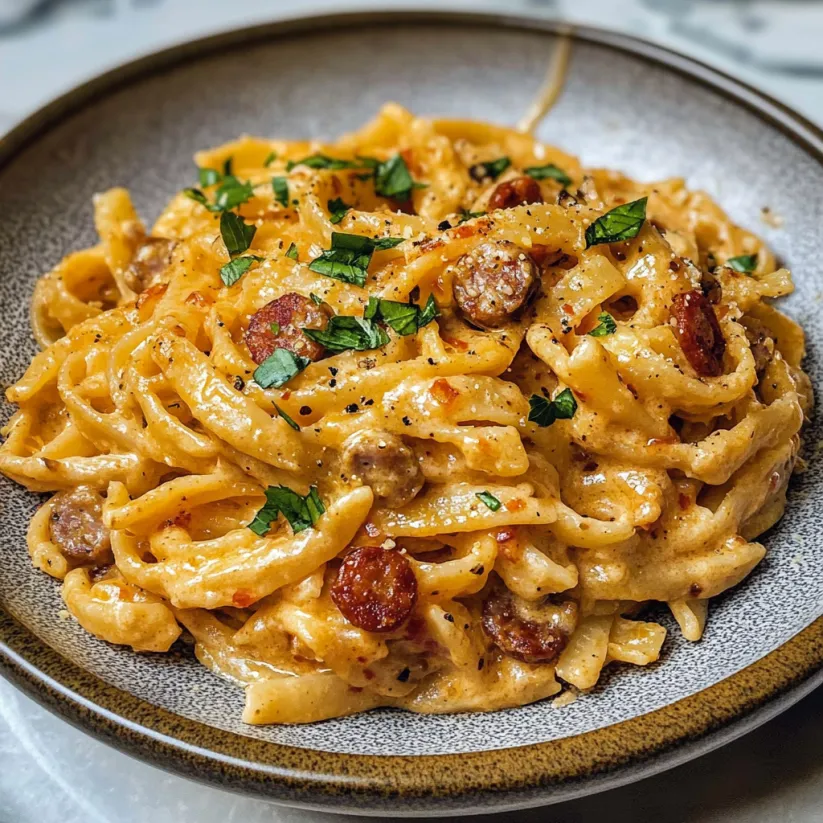 Eine Schüssel voller cremiger Wurst-Pasta.