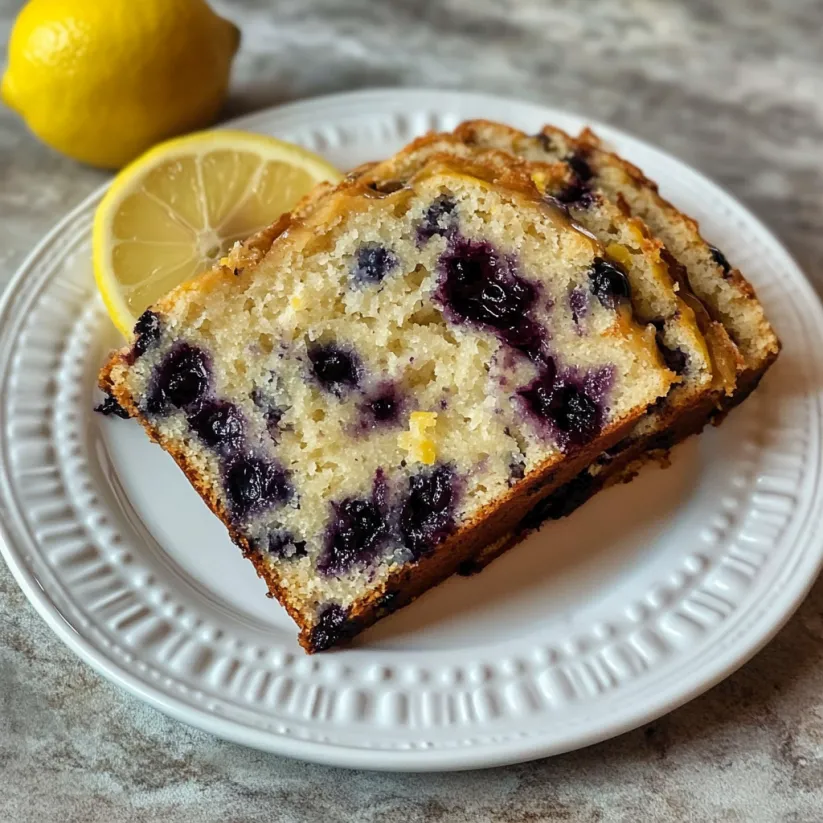 Ein Stück Blaubeer-Zitronenkuchen auf einem weißen Teller.