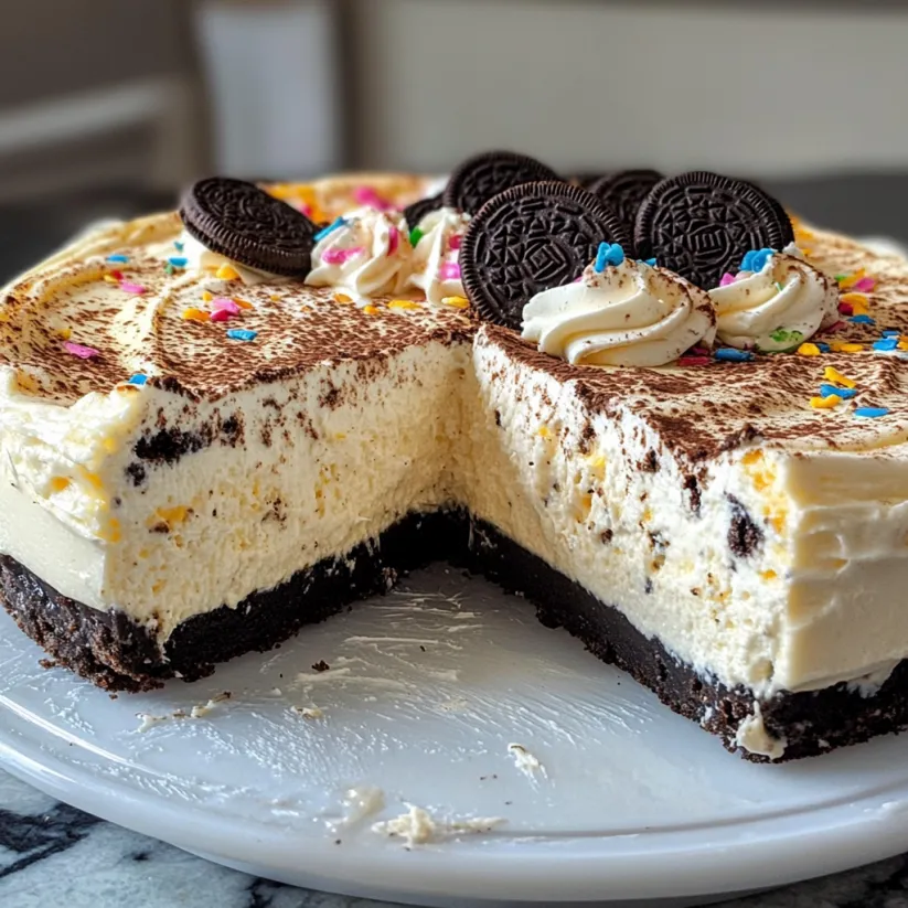 Ein Kuchenstück mit Oreos darauf.