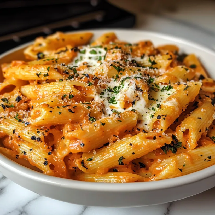 Eine Schüssel Nudeln mit tomatiger Sauce und Parmesan obendrauf.